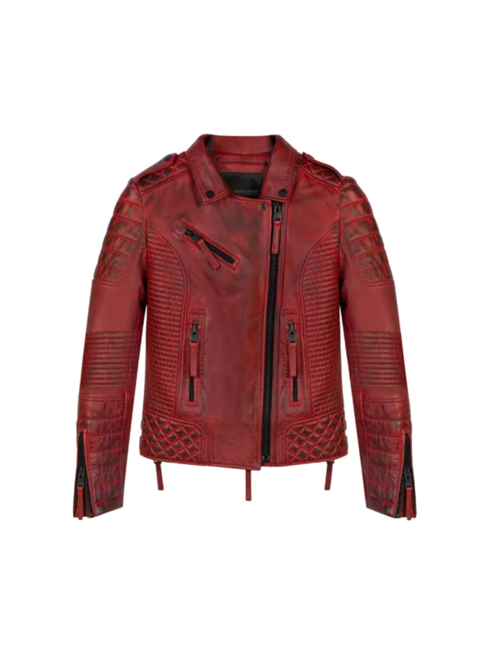 Front view of women’s red leather blazer jacket – classic biker style