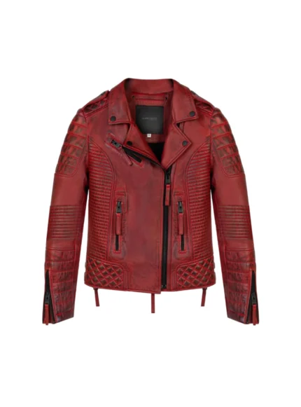 Front view of women’s red leather blazer jacket – classic biker style