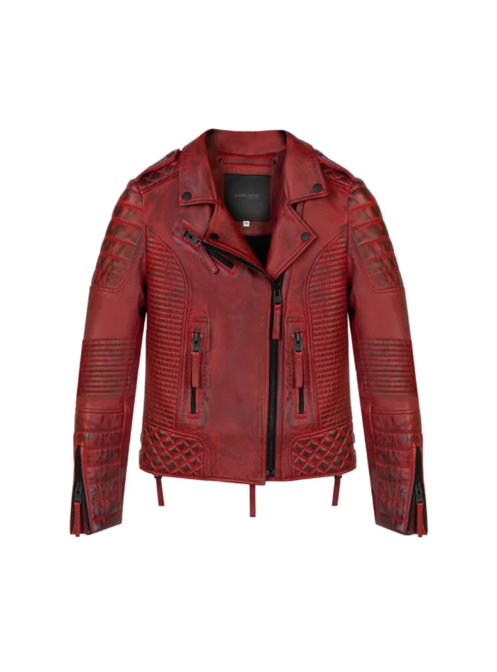 Front view of women’s red leather blazer jacket – classic biker style